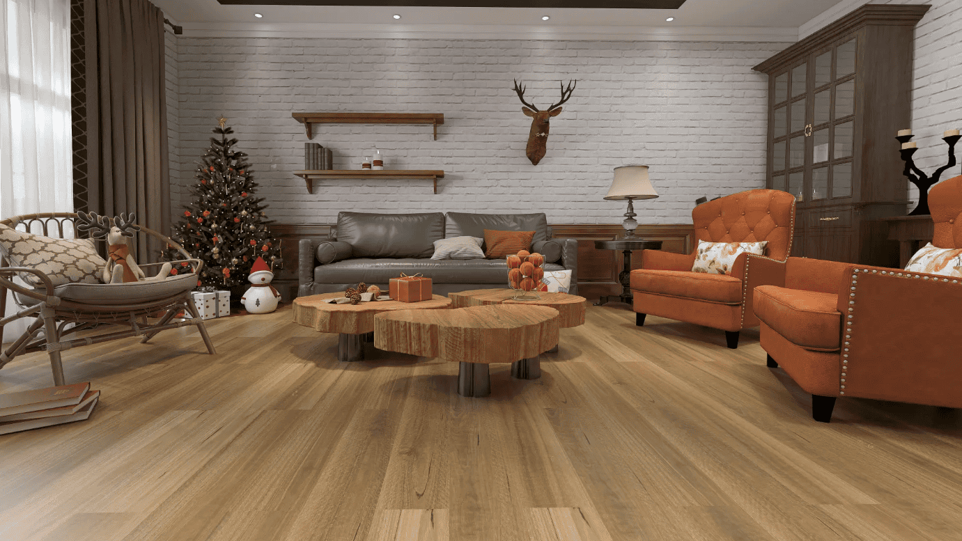 Beautiful room with christmas tree and hybrid floors