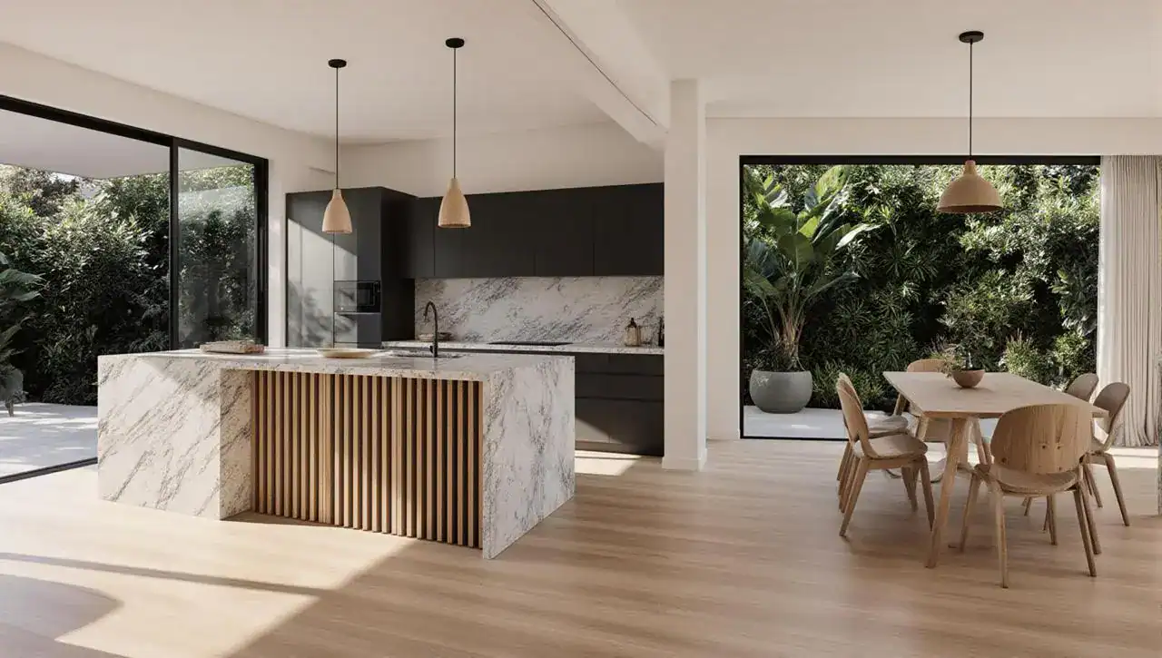Engineered timber flooring in a Byron Bay kitchen, Evolved Floors