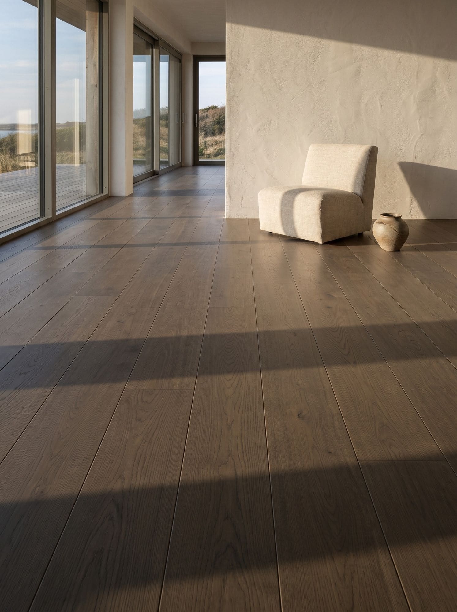 Wide-plank smoked European oak in late light