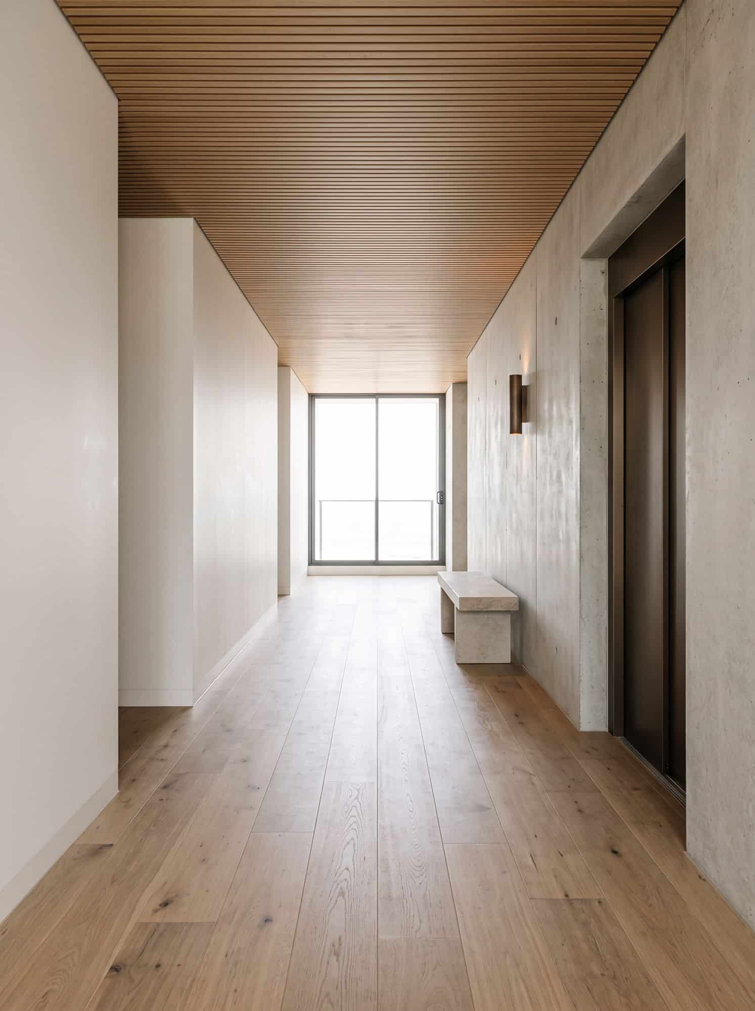 Oak-look plank floor in an apartment lobby