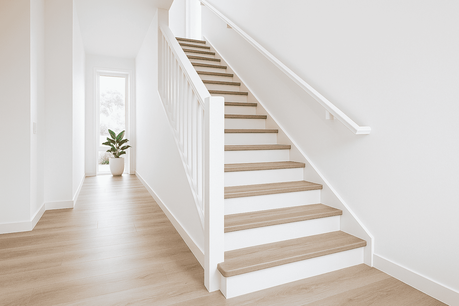 Standard nosing on modern staircase with hybrid flooring